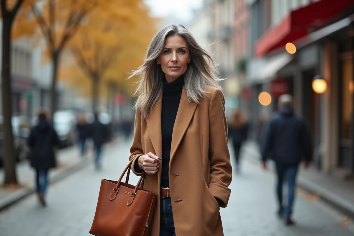 Femme élégante de 48 ans avec une coupe mi-longue dégradée et mèches argentées dans une rue pavée en automne
