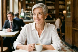 Femme de 60 ans avec une coupe pixie argentée bien structurée, assise dans un café parisien, visage rond mis en valeur par la coupe courte
