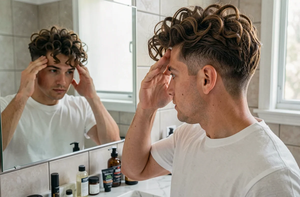 Homme avec cheveux bouclés épais et coupe taper moderne se coiffant devant un miroir de salle de bain