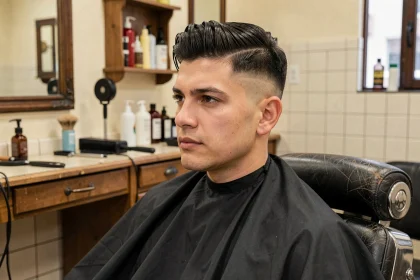 Homme aux cheveux épais avec une coupe taper fade nette réalisée dans un salon de barbier classique