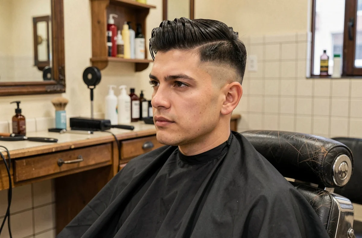 Homme aux cheveux épais avec une coupe taper fade nette réalisée dans un salon de barbier classique