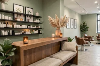 Décoration intérieure élégante d'un salon de coiffure moderne avec présentoir de produits et plantes vertes pour attirer la clientèle