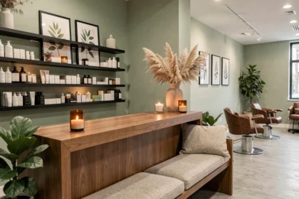 Décoration intérieure élégante d'un salon de coiffure moderne avec présentoir de produits et plantes vertes pour attirer la clientèle
