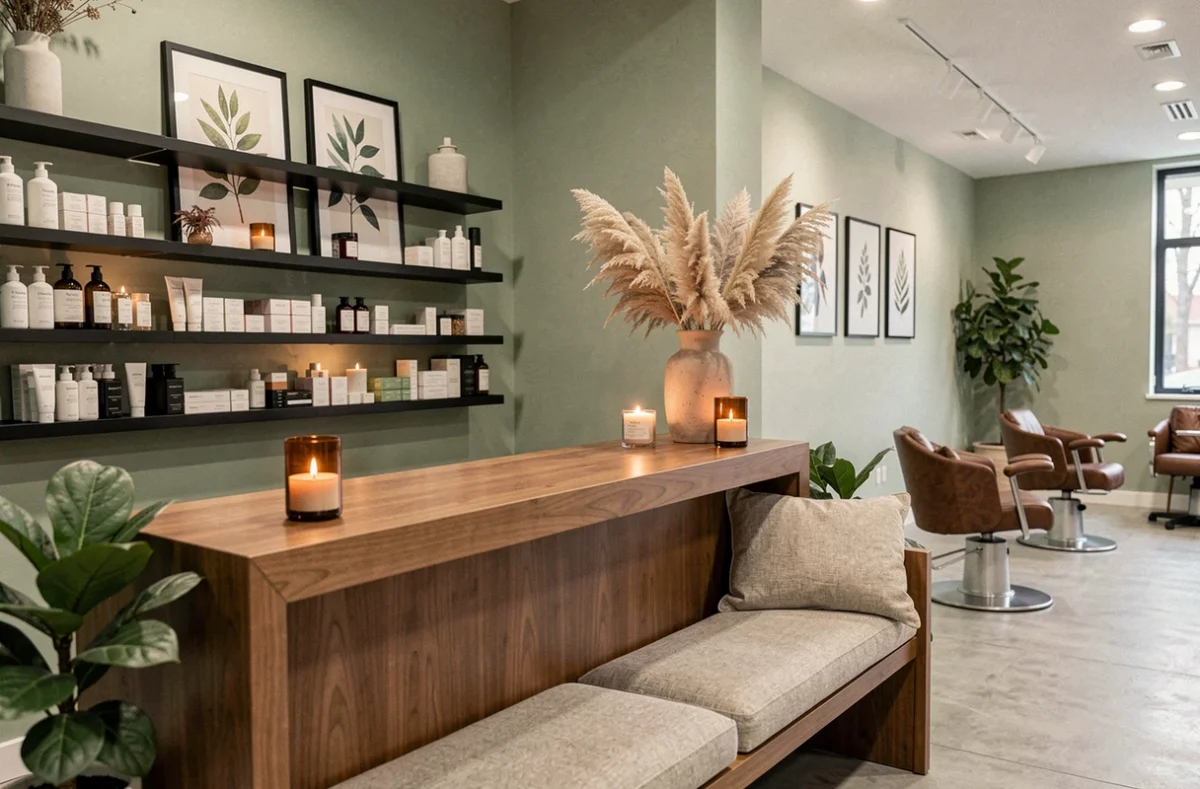 Décoration intérieure élégante d'un salon de coiffure moderne avec présentoir de produits et plantes vertes pour attirer la clientèle