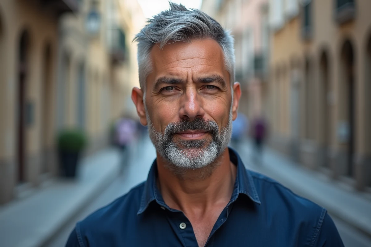 Homme mature avec dégradé blanc et barbe sculptée en rue européenne pavée