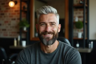 Homme aux cheveux dégradés blanc et barbe assortie dans un salon de coiffure moderne
