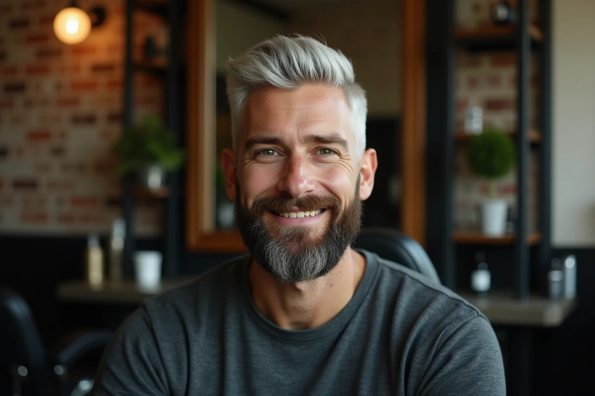 Homme aux cheveux dégradés blanc et barbe assortie dans un salon de coiffure moderne