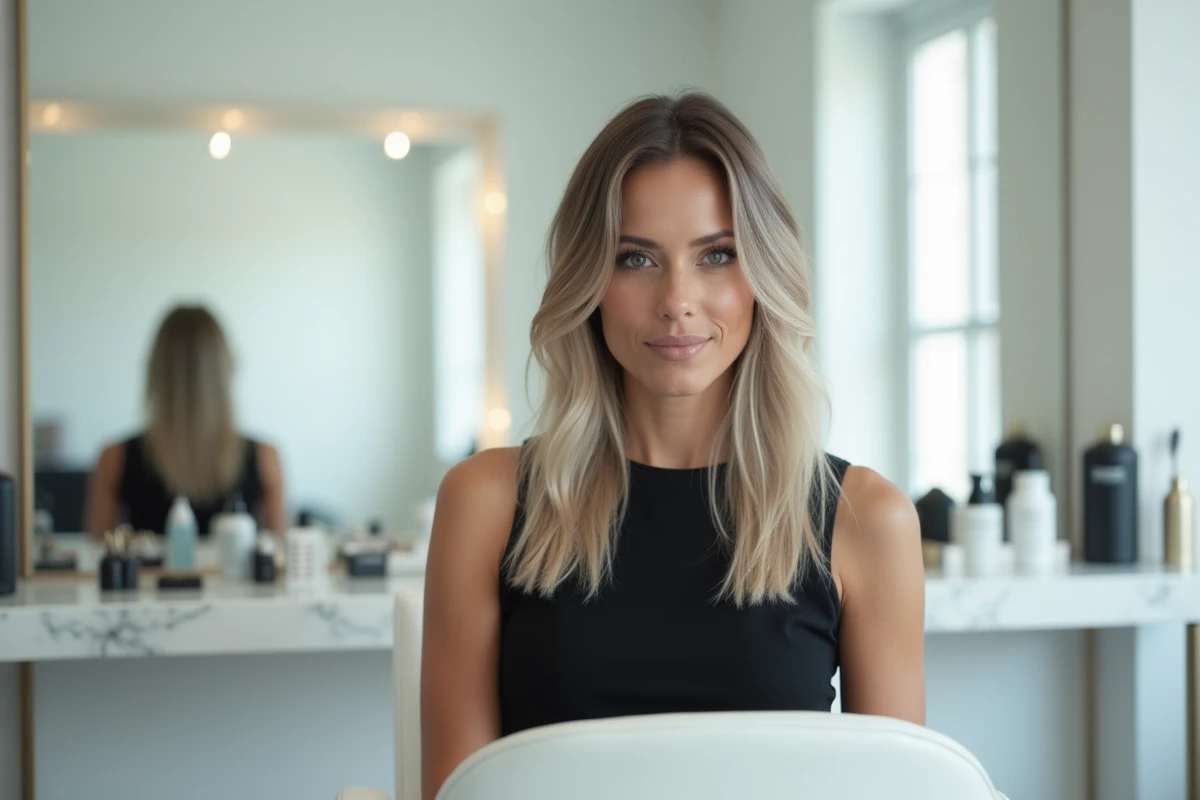 Femme en salon de coiffure avec un dégradé mi-long blond cendré aux racines foncées, coupe moderne et lissée tendance 2026