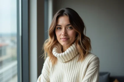 Femme aux cheveux mi-longs avec un dégradé brunette-caramel en balayage naturel, portant un col roulé crème, coiffure tendance 2026