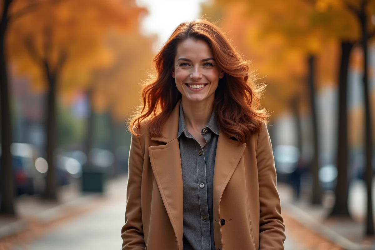 Femme en extérieur avec un dégradé ombre châtain-cuivré sur cheveux mi-longs ondulés, look automnal élégant et moderne 2026