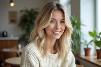 Femme aux cheveux blonds mi-longs avec un dégradé naturel assise dans un café scandinave