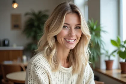 Femme aux cheveux blonds mi-longs avec un dégradé naturel assise dans un café scandinave