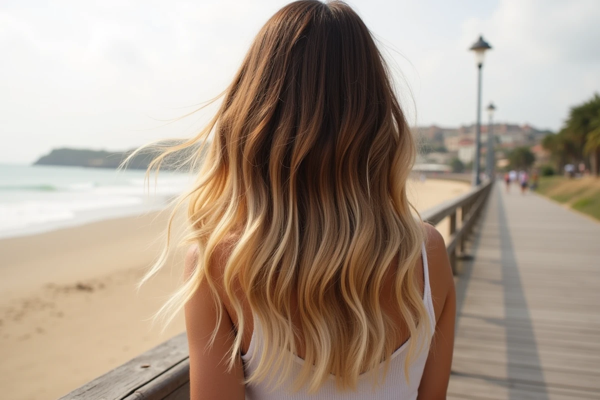 Détail d'un balayage patine avec dégradé naturel effet retour de plage sur cheveux longs