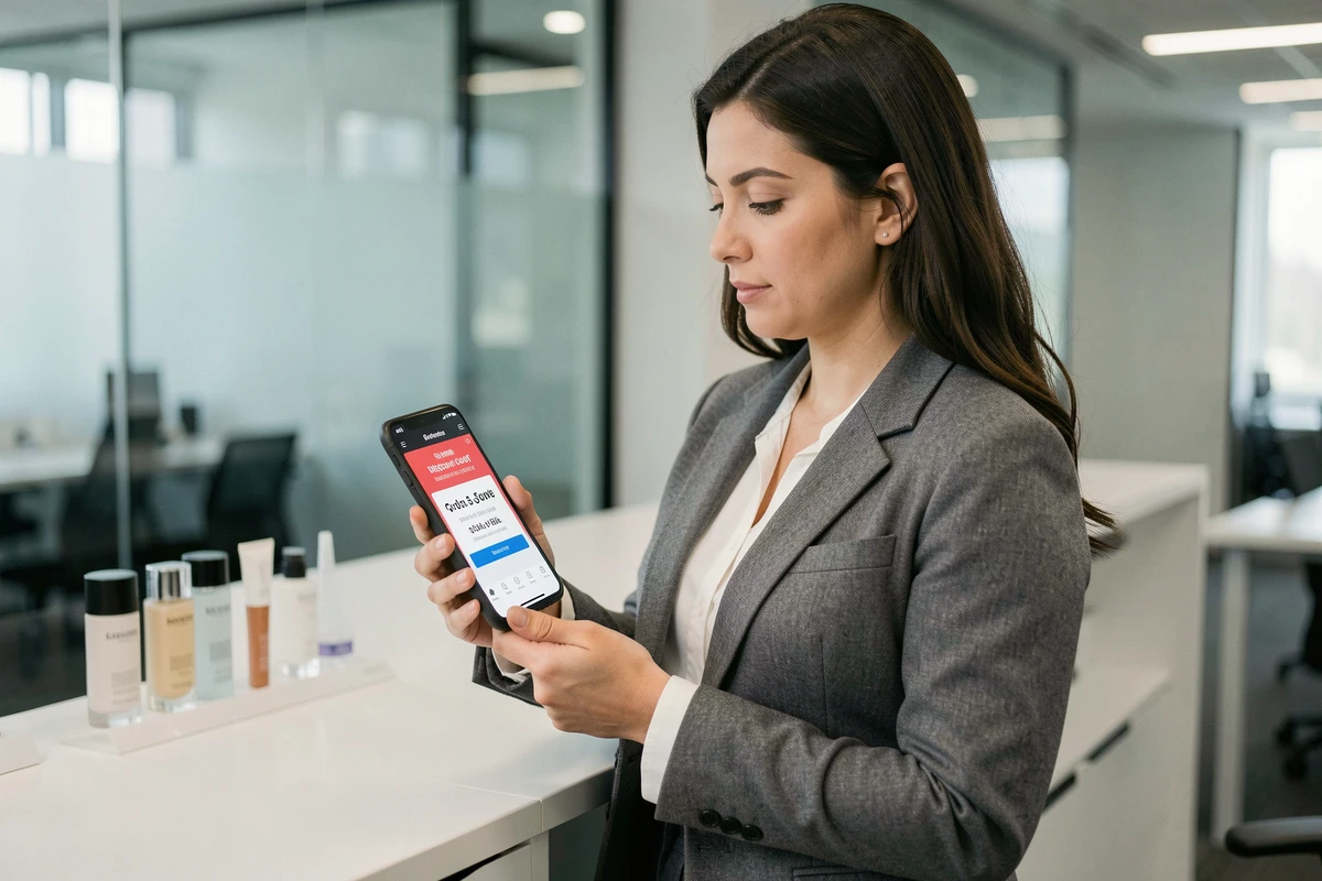 Employée L'Oréal consultant un code de réduction sur smartphone dans un bureau moderne