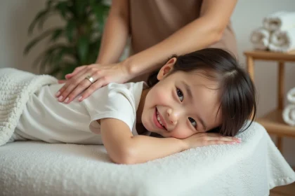 Jeune enfant allongée lors d'un massage relaxant en spa