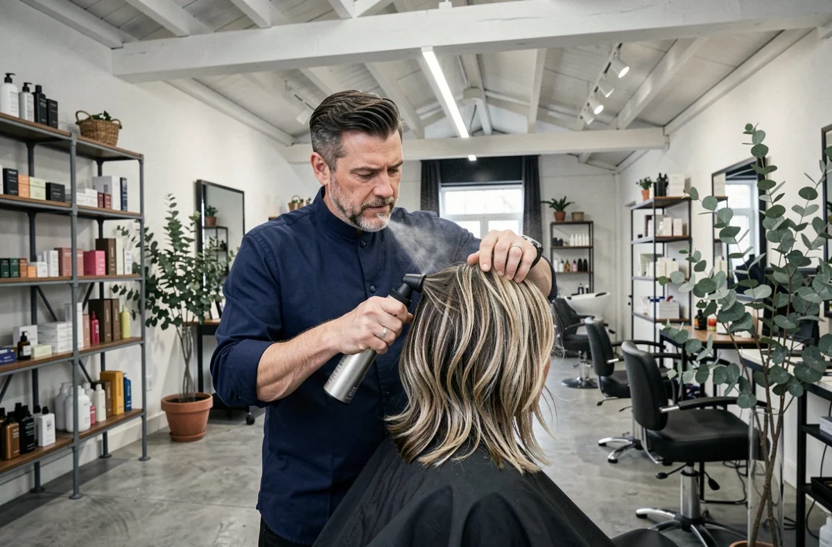 Coiffeur créatif stylisant une coupe en couches au salon Eric Stipa à Domont dans le Val-d'Oise
