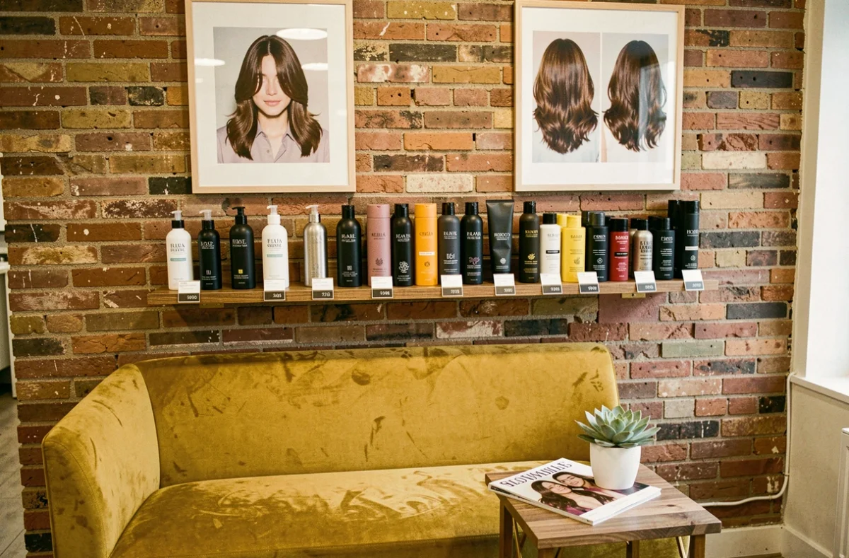 Espace d'attente d'un salon de coiffure avec étagère de produits capillaires à vendre, banquette velours et décoration murale pour stimuler les ventes