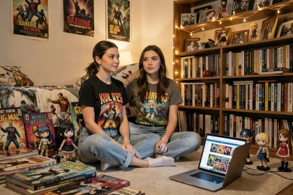Jeune femme passionnée de culture pop assise sur le sol entourée de figurines anime et de comics, consultant un blog sur son ordinateur portable