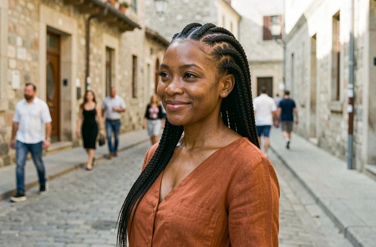 Femme aux feed-in cornrows artistiques en extérieur dans un quartier urbain, coiffure afro tendance 2026