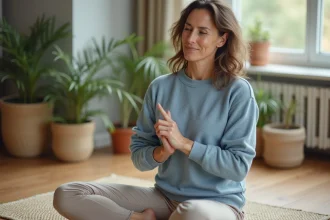 Femme en méditation pressant un point d'acupression sur son poignet