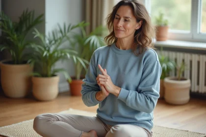 Femme en méditation pressant un point d'acupression sur son poignet
