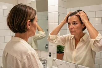 Femme examinant sa chute de cheveux débutante devant un miroir de salle de bain parisienne