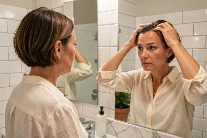 Femme examinant sa chute de cheveux débutante devant un miroir de salle de bain parisienne