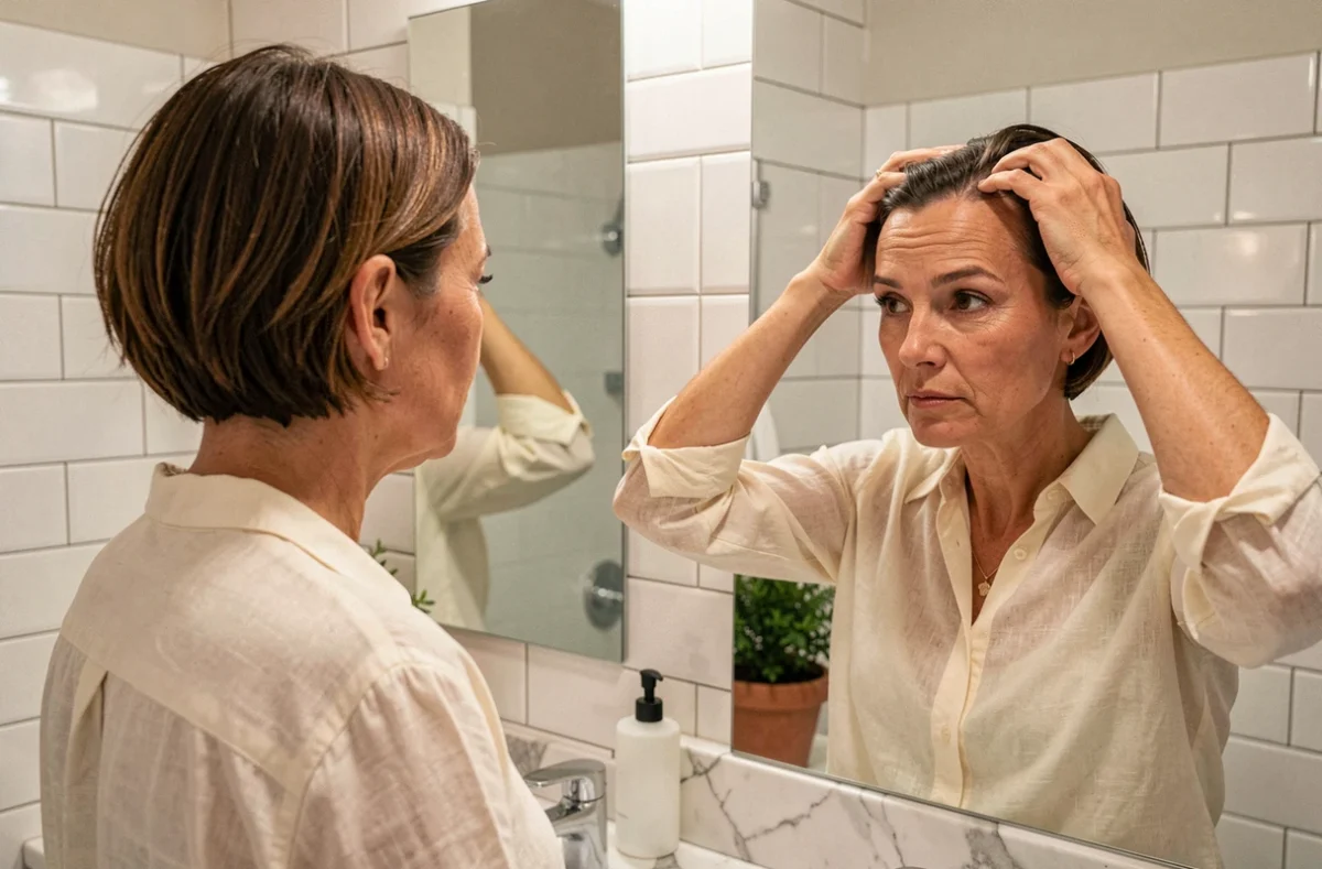 Femme examinant sa chute de cheveux débutante devant un miroir de salle de bain parisienne