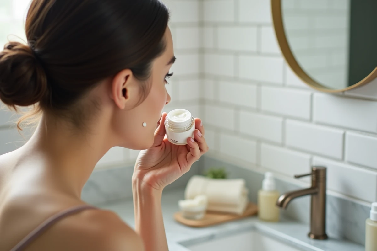 Femme appliquant une crème de soin visage Rovea Skin devant son miroir de salle de bain