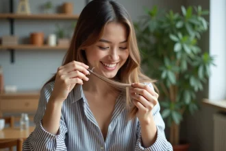 Femme appliquant des extensions capillaires avec concentration