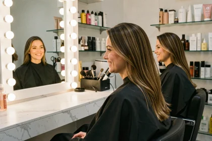 Femme souriante après un flash coiffeur dans un salon moderne, cheveux coiffés avec volume et reflets naturels
