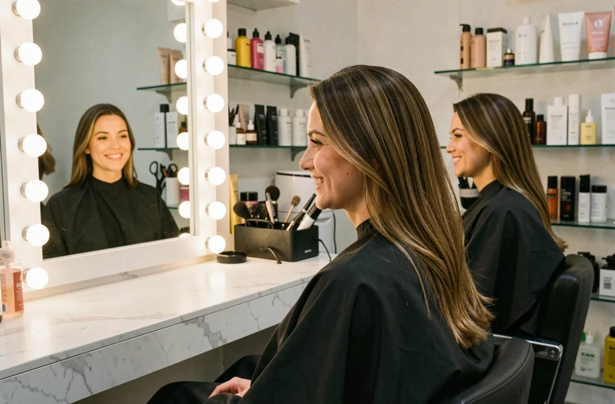 Femme souriante après un flash coiffeur dans un salon moderne, cheveux coiffés avec volume et reflets naturels