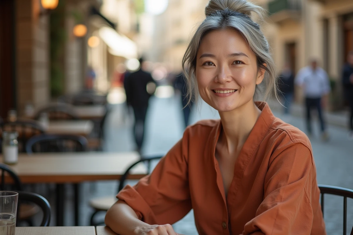 Femme asiatique aux cheveux argentés en robe en lin terracotta assise à une terrasse de café européenne, visage naturel et élégant