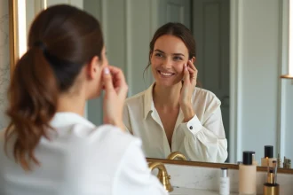 Femme appliquant du fond de teint devant un miroir élégant