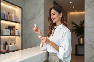 Femme souriante examinant un échantillon de cosmetique en magasin