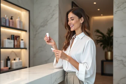 Femme souriante examinant un échantillon de cosmetique en magasin