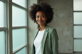 Femme noire aux cheveux afro naturels portant un blazer vert sauge, posant avec confiance dans un studio éditorial moderne en 2026