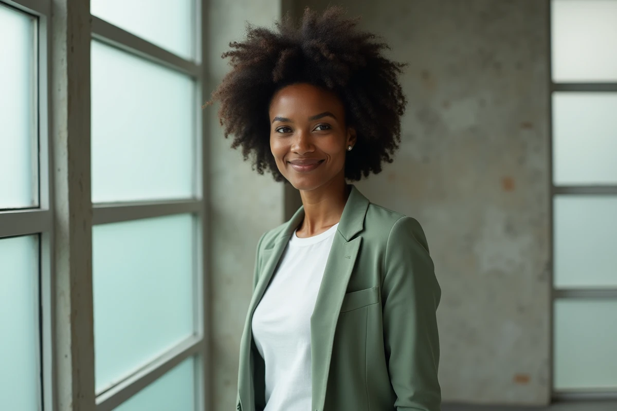 Femme noire aux cheveux afro naturels portant un blazer vert sauge, posant avec confiance dans un studio éditorial moderne en 2026
