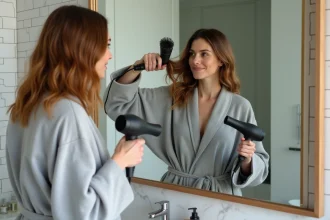 Femme utilisant une brosse soufflante dans une salle de bain moderne, test confort et prise en main