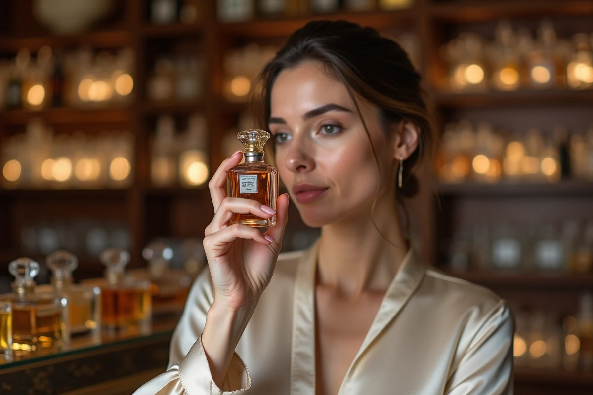 Femme choisissant un flacon de parfum gissah dans une parfumerie élégante