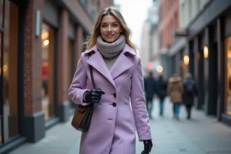 Femme en manteau lilas hiver dans une rue urbaine