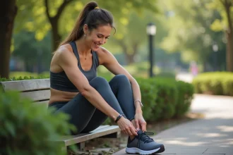 Femme sportive attachant ses chaussures dans un parc urbain