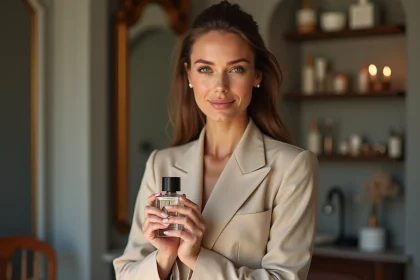 Femme élégante tenant un flacon de parfum de luxe devant son miroir dans un dressing parisien raffiné