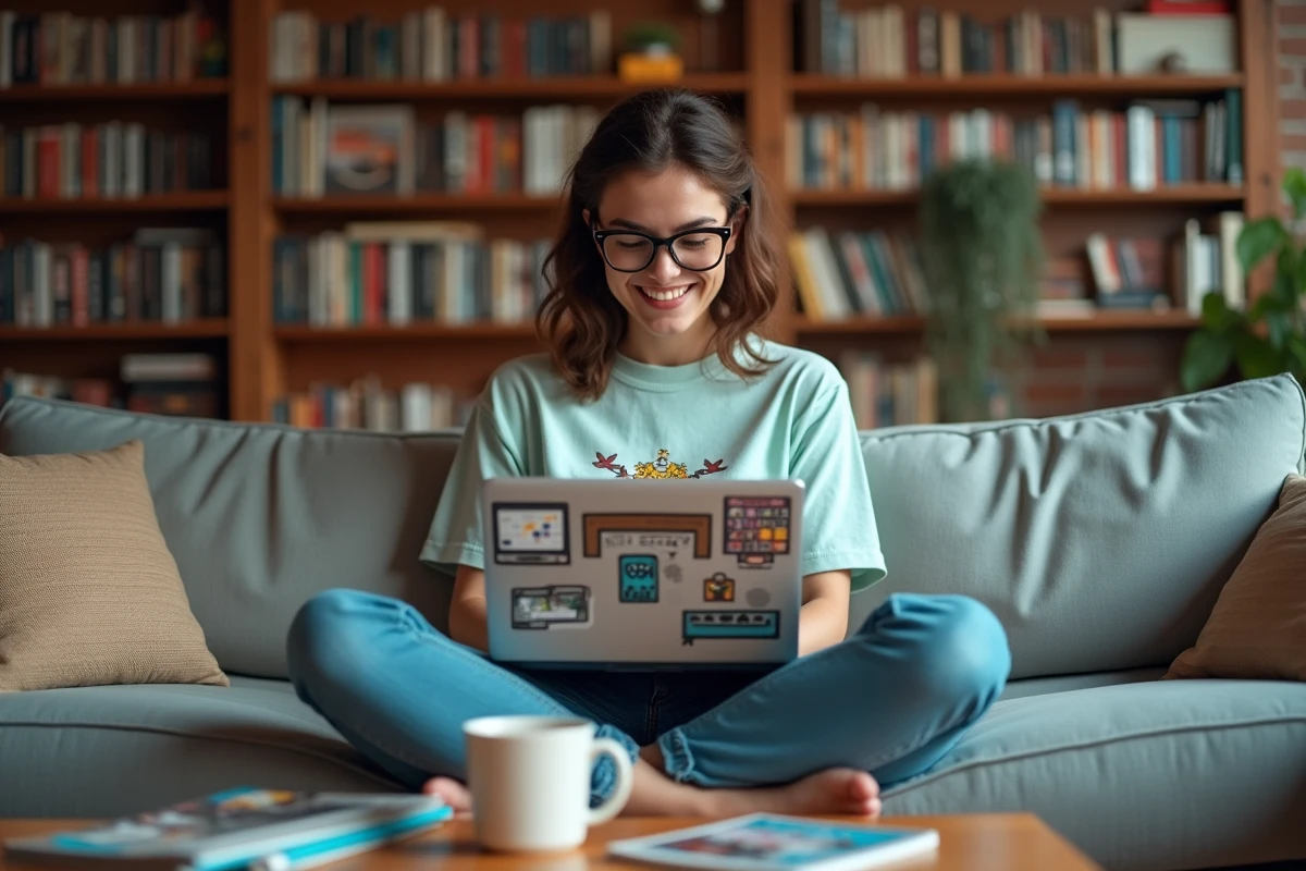 Jeune femme geek millennial lisant un blog beauté et culture geek sur son ordinateur portable dans un appartement cosy avec bibliothèque manga