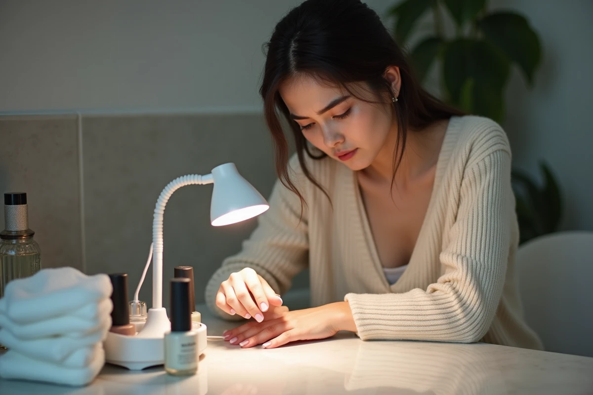 Femme examinant une pose de gel ratée sur ongles courts à domicile, surface irrégulière et résultat décevant