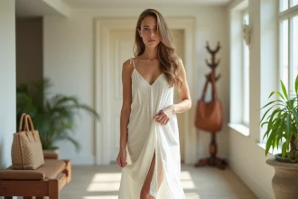 Femme en robe d'été dans un couloir lumineux