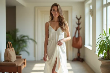 Femme en robe d'été dans un couloir lumineux
