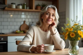 Femme française sirotant une tisane dans sa cuisine chaleureuse