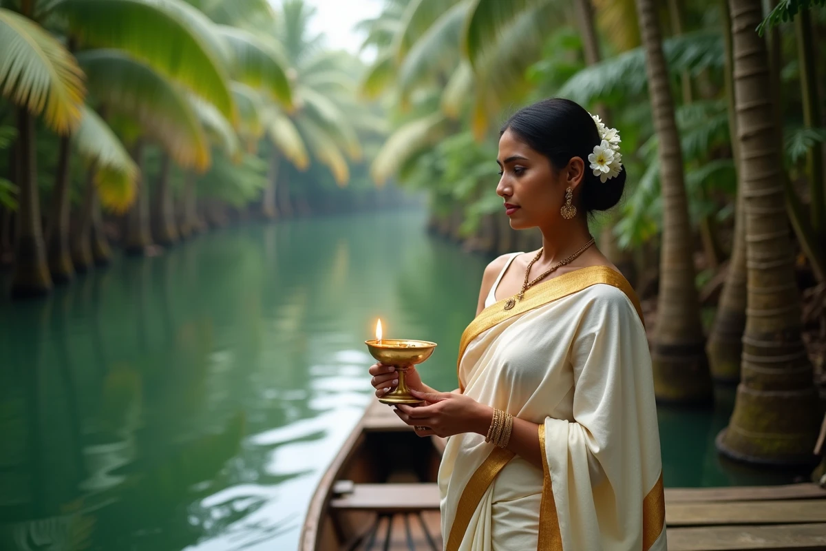 Femme indienne du Kerala en sari kasavu blanc et or au bord des backwaters tropicaux