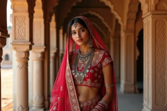 Femme indienne en tenue traditionnelle rajasthanie brodée devant une haveli en grès sculpté